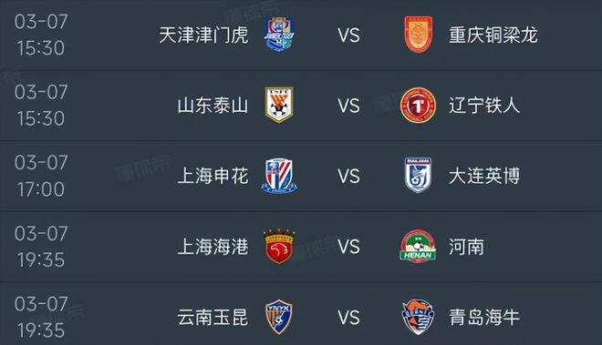 中超第一轮明天3月7日赛程：山东PK辽宁，申花PK大连，海港PK河南
